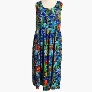 SITA Vintage Colorful Rayon Tank‎ Midi Dress with Pockets